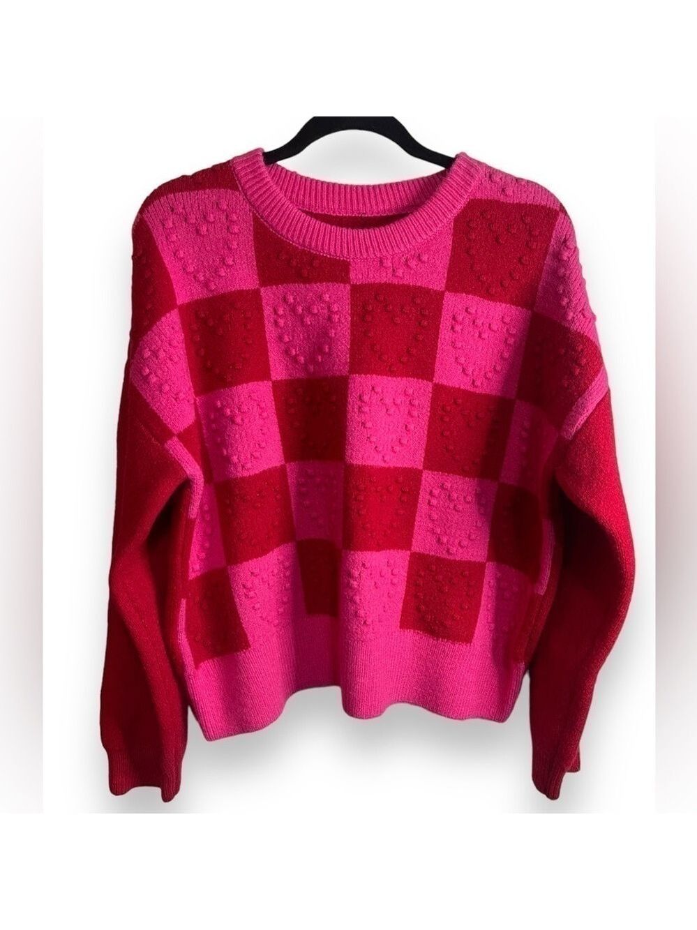 Multicolor Checkered Pattern Heart Detail Textured Sweater Women’s Size Large - Picture 3 of 5